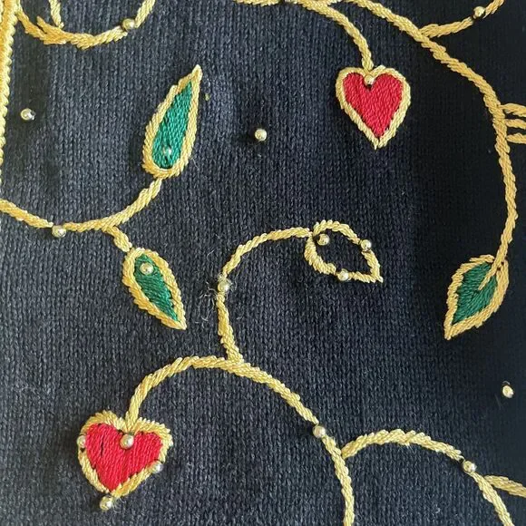Vintage 1998 Michael Simon Christmas Cardigan Womens L Black Gold Trim Beaded - Picture 7 of 14